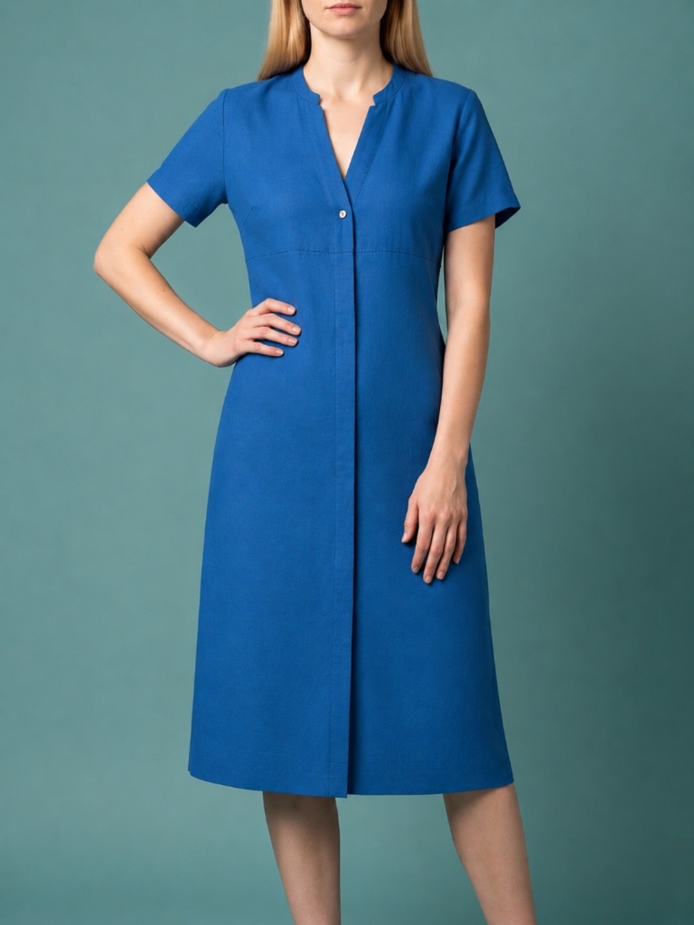 EUC FOIL Classic Short-Sleeve Button Front Blue Linen Dress with Pockets (6)